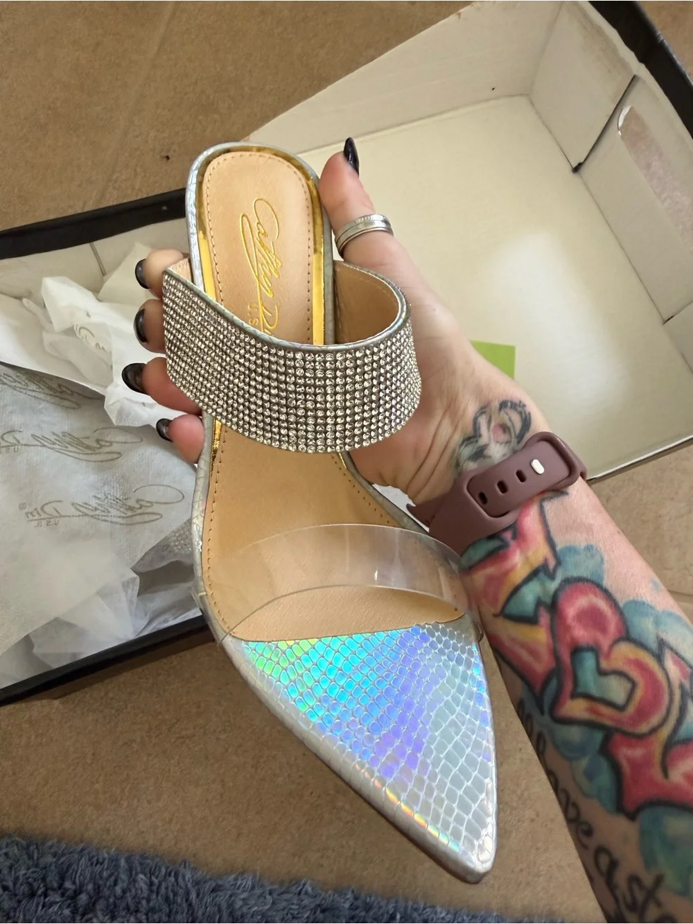 Crystal-Embellished Holographic Pointed Toe Mule - Women